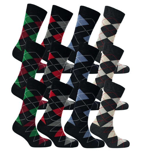 12 Pairs Men's Colourful Heel Toe Black Argyle Diamond Socks Comfort Fit Cotton Rich Durable Work Sock Ultra-Smooth Flat Toe Seam Comfortable School Business Wear UK 6-11 by Sock Stack