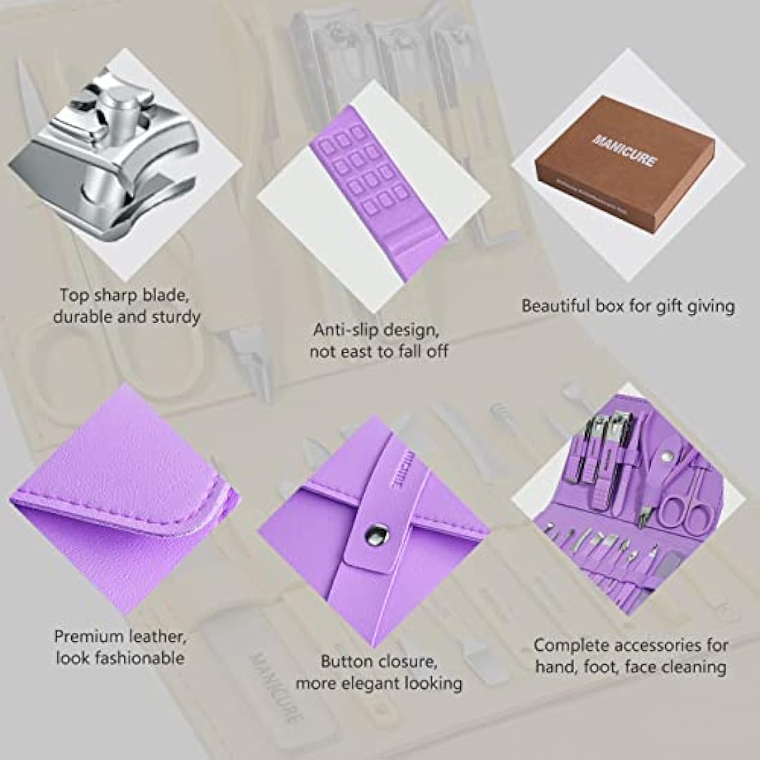 Manicure Set Professional Nail Clippers Pedicure Kit, 16 pcs Stainless Steel Nail Care Tools Grooming Kit with Luxurious Travel Leather Case for Thick Nails Men Women Gift (Violet)