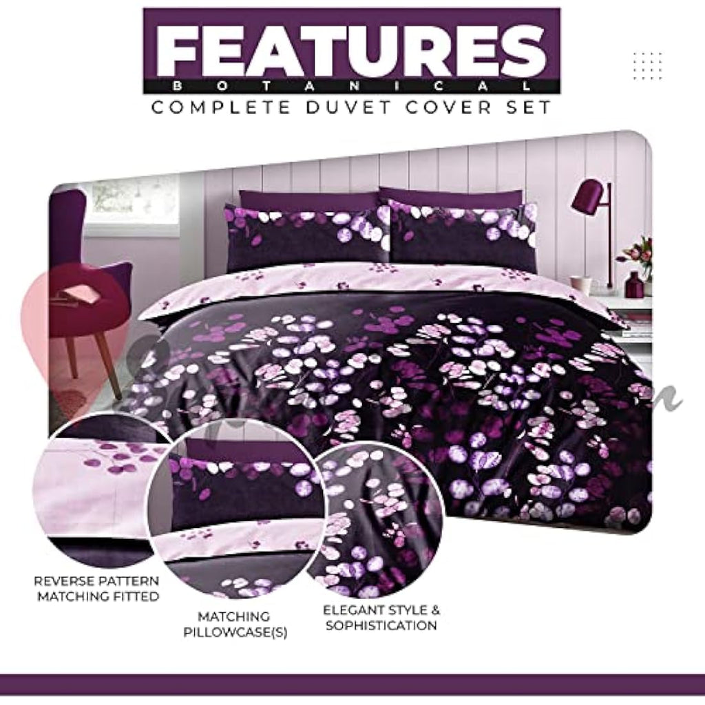 Super Dreamer Super Soft Double Bed Set Duvet Cover With Fitted Sheets & Pillowcases Botanical Bedding Set Reversible Quilt Covers, Purple, 714880