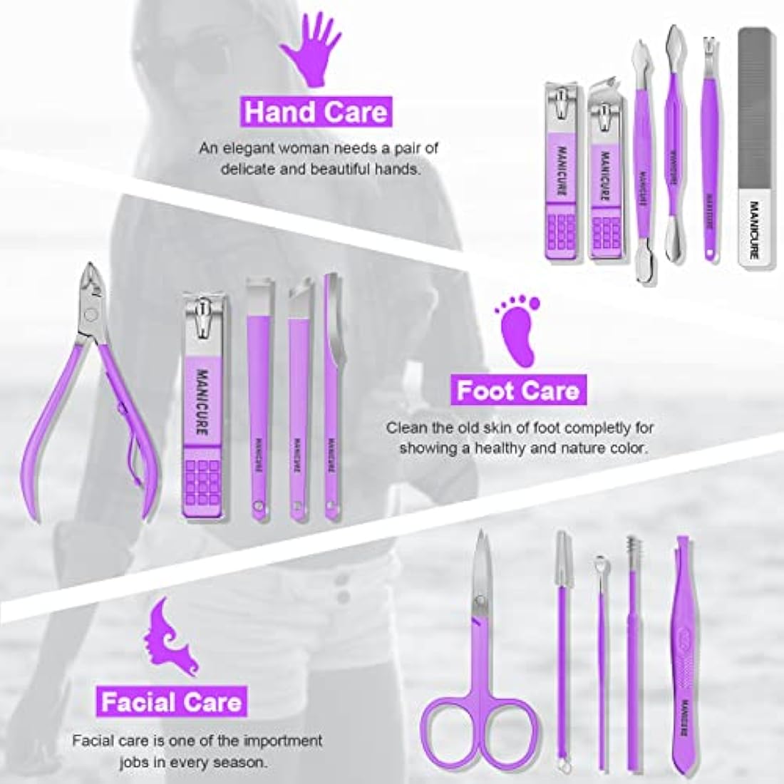 Manicure Set Professional Nail Clippers Pedicure Kit, 16 pcs Stainless Steel Nail Care Tools Grooming Kit with Luxurious Travel Leather Case for Thick Nails Men Women Gift (Violet)