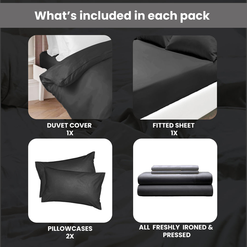 Euphoric Gifts 100% Pure Cotton (Egyptian Cotton) SINGLE Duvet Cover Bed Set in Plain Black  includes duvet cover, fitted sheet & pillowcases