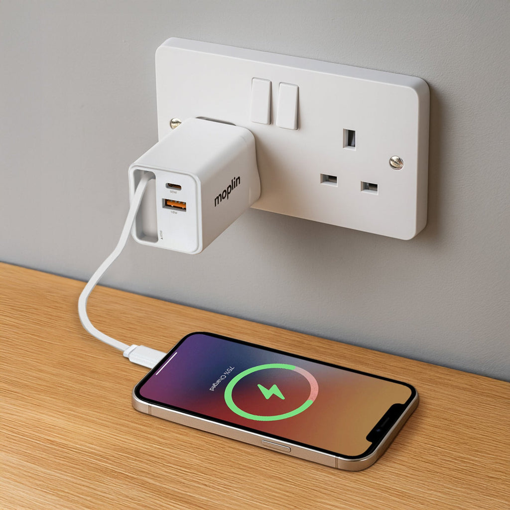 Maplin 65W 2-Port GaN Fast USB Wall Charger with USB-C PD, USB-A QC 3.0 & Retractable USB-C Cable