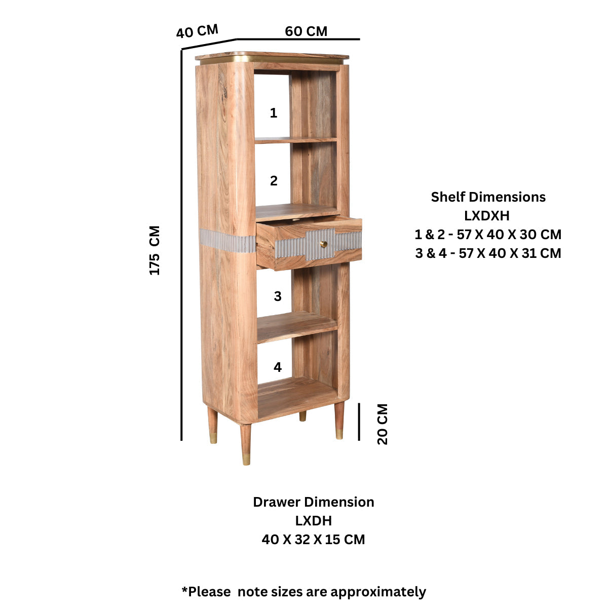 Berkley Acacia Wood 1 Drawers Open Bookcase