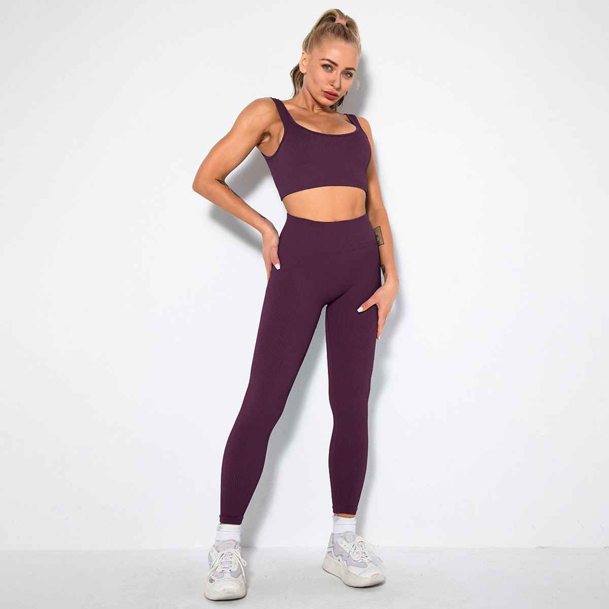 Seamless Sexy Fitness Yoga U V Neck Leggings Gym Wear Set - Women's 2 Piece Active Wear Set