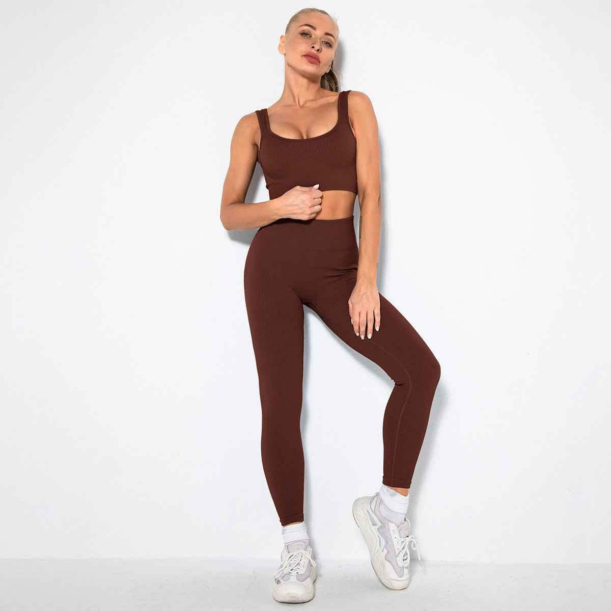 Seamless Sexy Fitness Yoga U V Neck Leggings Gym Wear Set - Women's 2 Piece Active Wear Set