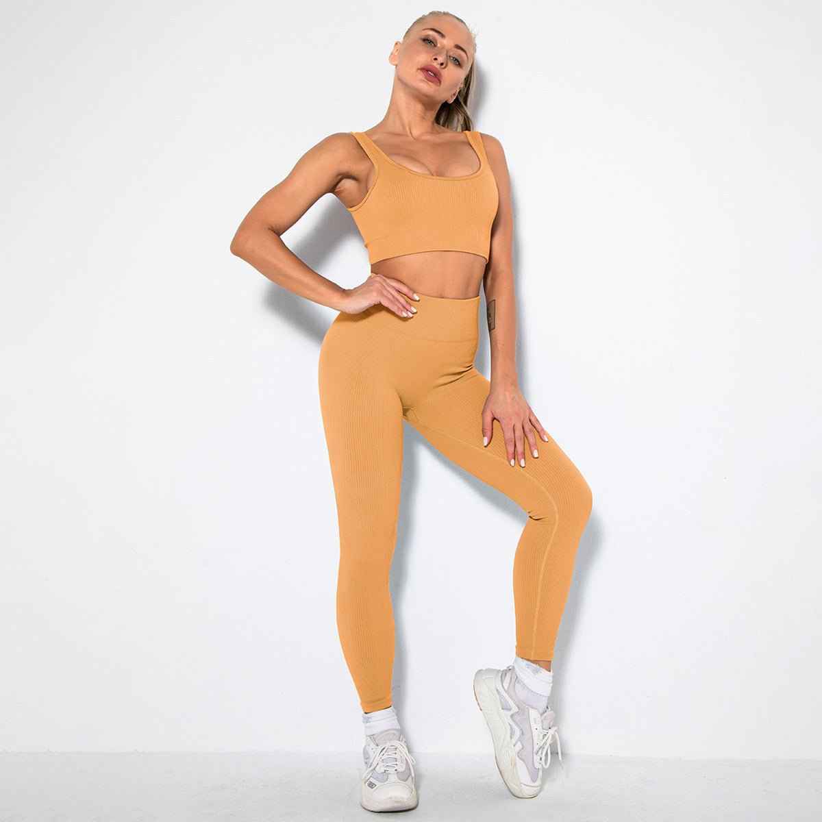 Seamless Sexy Fitness Yoga U V Neck Leggings Gym Wear Set - Women's 2 Piece Active Wear Set