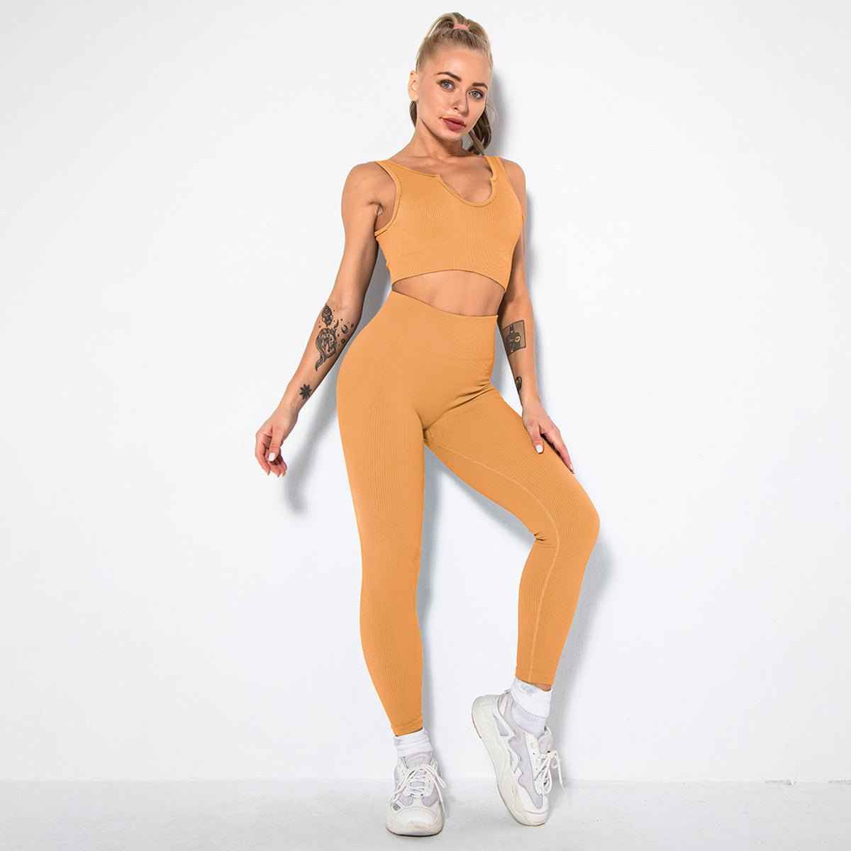 Seamless Sexy Fitness Yoga U V Neck Leggings Gym Wear Set - Women's 2 Piece Active Wear Set