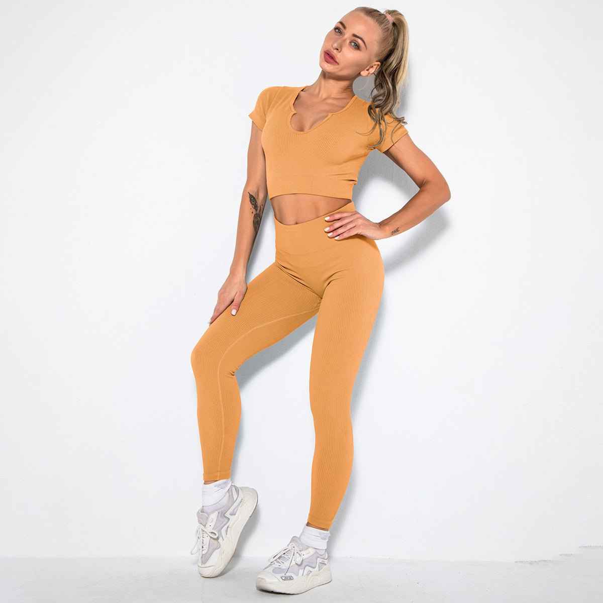 Seamless Sexy Fitness Yoga U V Neck Leggings Gym Wear Set - Women's 2 Piece Active Wear Set