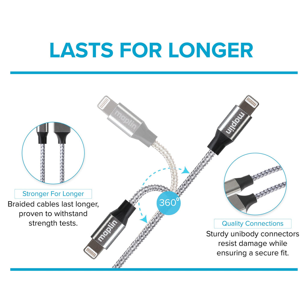 Maplin Premium Apple MFI Certified Tangle-Free Lightning to USB-A 2.0 Cable - Silver, 3m