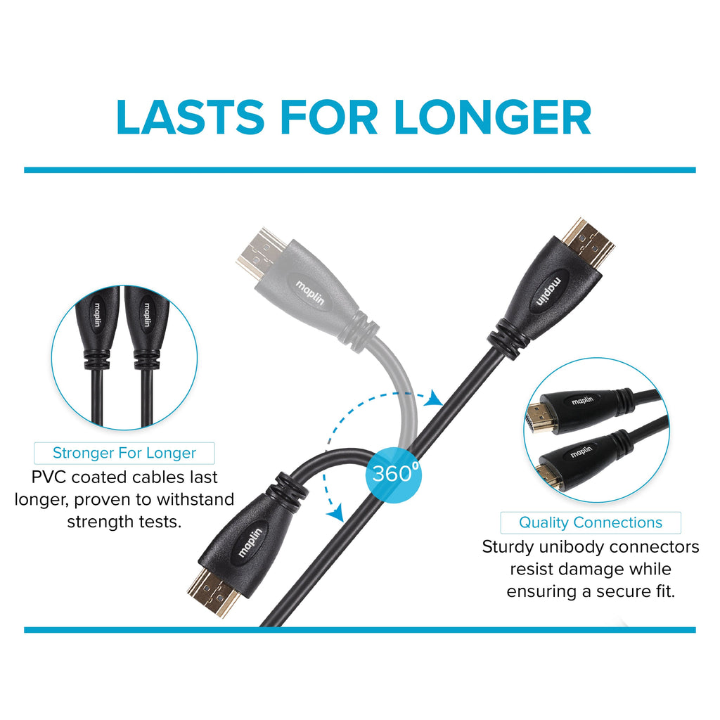 Maplin Thin HDMI to HDMI 4K Ultra HD Cable with Ethernet & Gold Connectors - Black, 3m