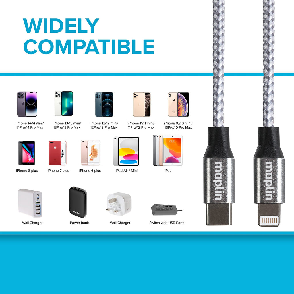 Maplin Lightning to USB-C 20W High Speed Braided Cable - Silver, 3m