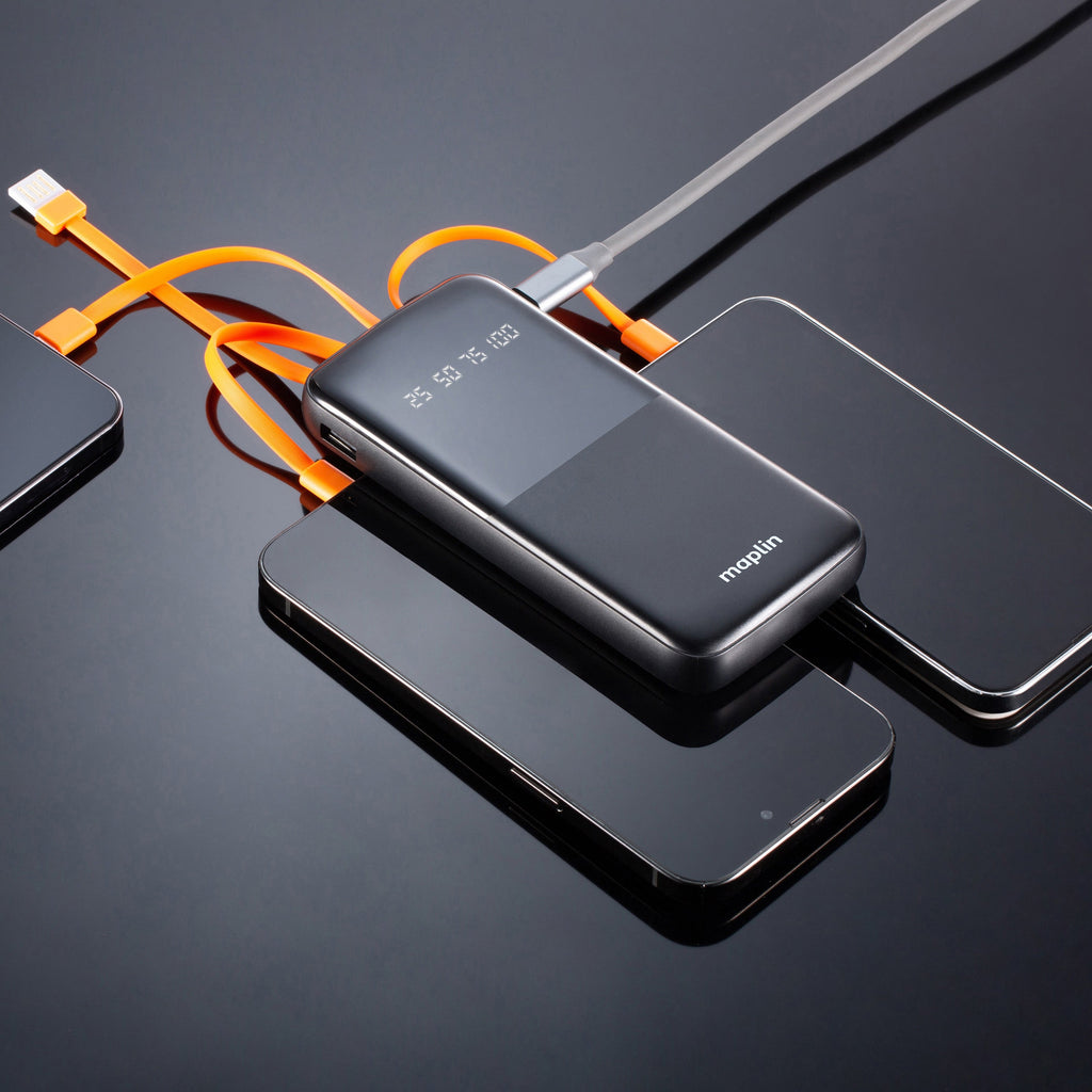 Maplin 10000mAh Slim Power Bank with Integrated Lightning, USB-C, USB-A & Micro USB Cables