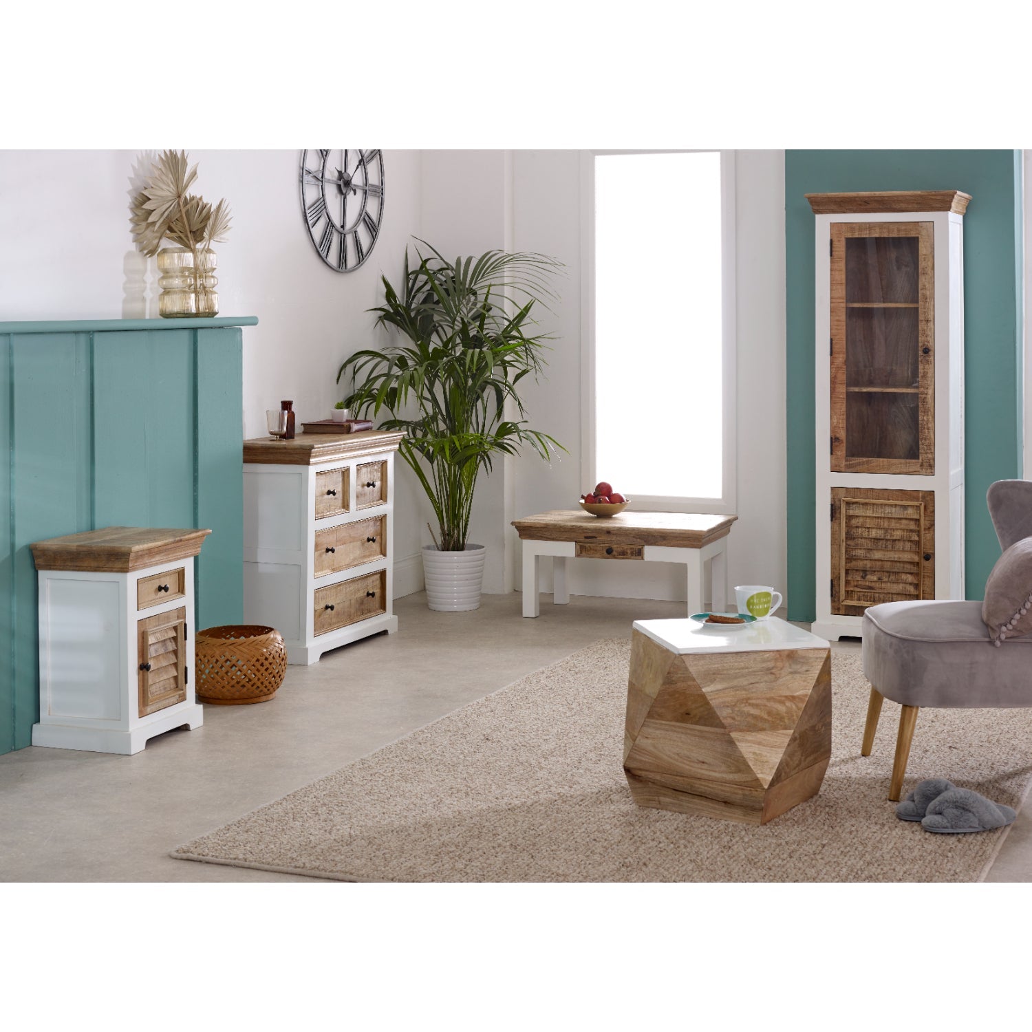 Bianco Solid Mango Wood White Coffee Table With Drawer