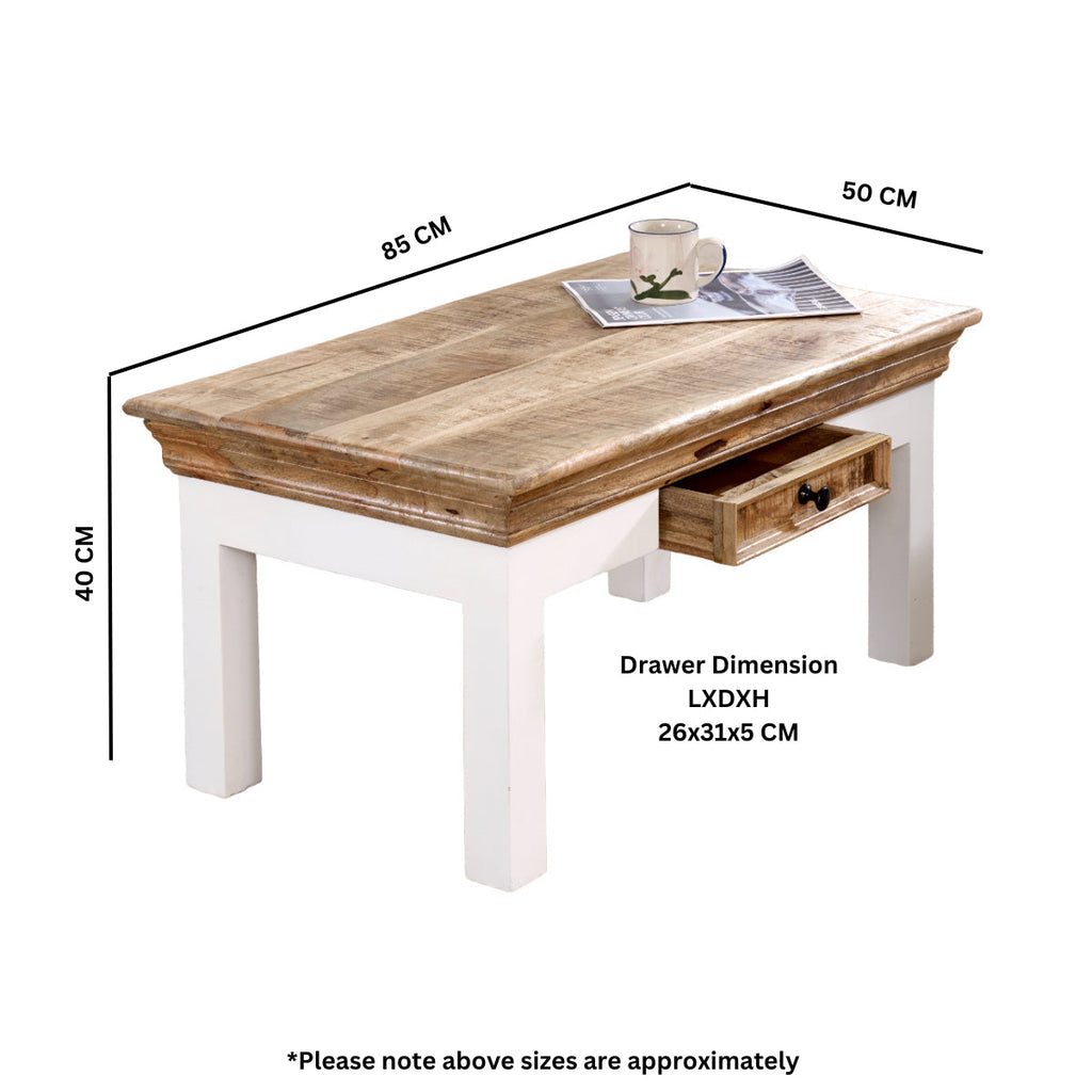 Bianco Solid Mango Wood White Coffee Table With Drawer