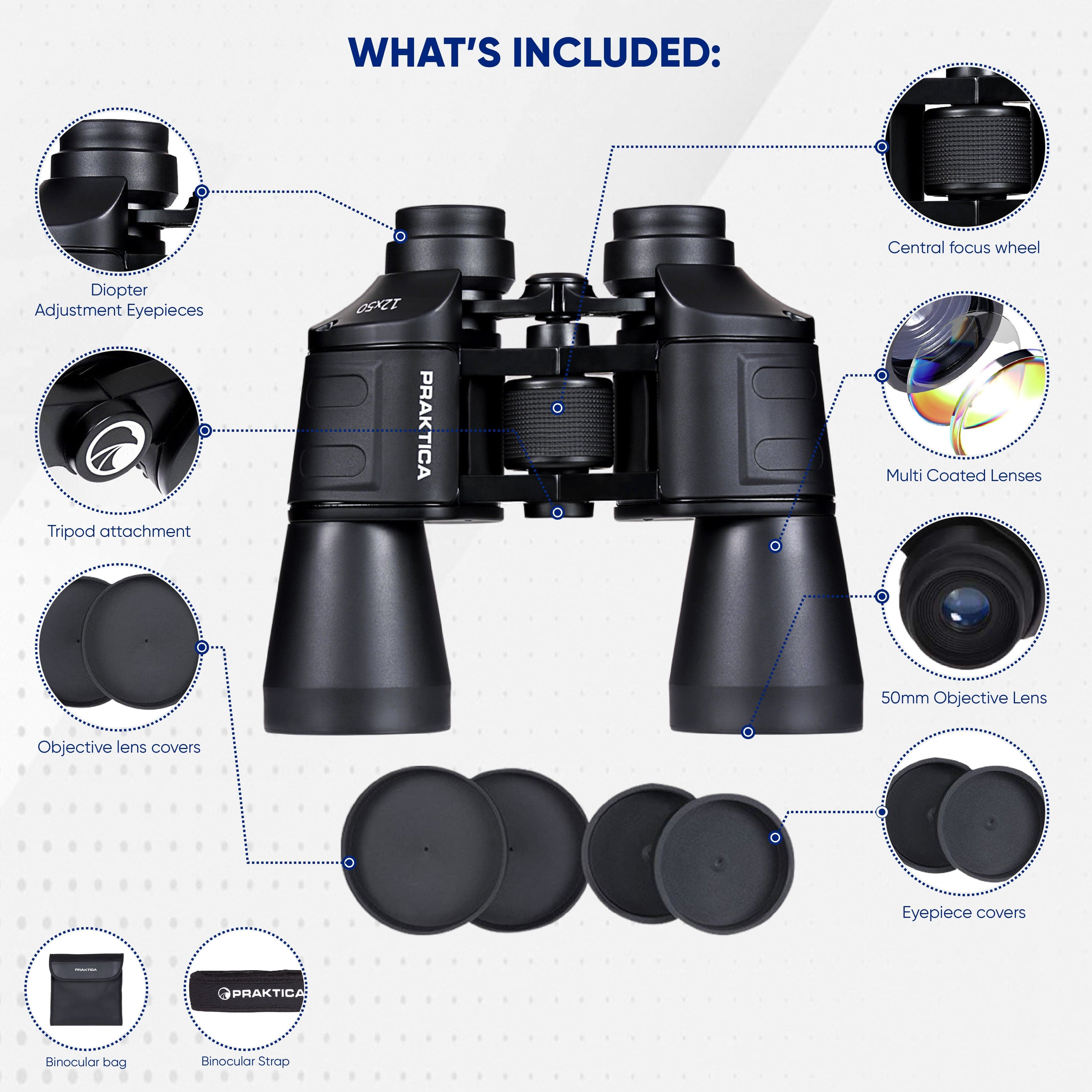 PRAKTICA Falcon 12x50mm Multi Coated Porro Prism Field Binoculars - Black