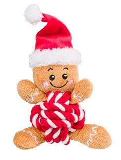 🍪 House of Paws Gingerbread Man Rope Ball Dog Toy – Festive Plush with Santa Hat