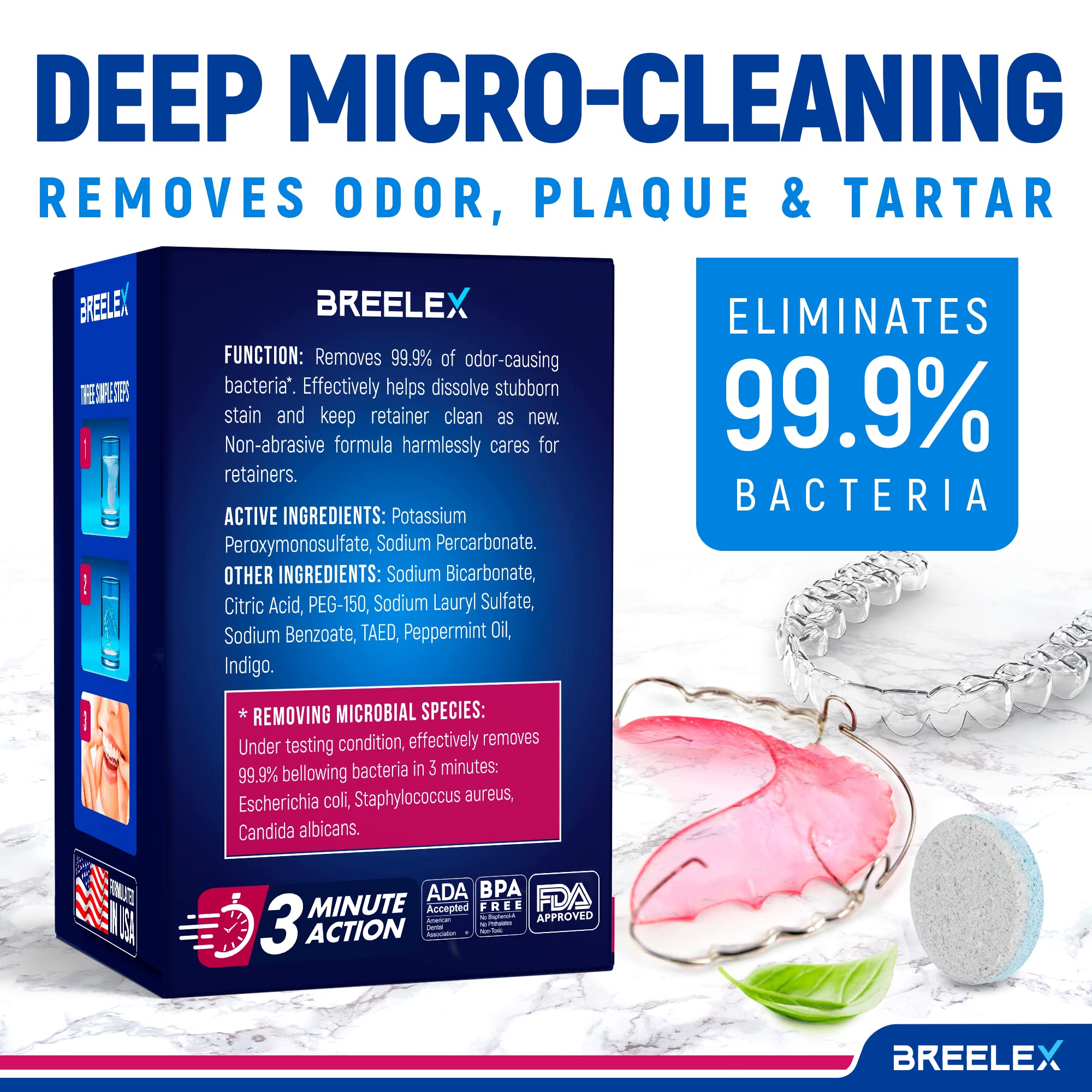 Breelex Denture Cleaning Tablets - 120 Retainer Cleaner Tablets for Aligner, Mouth & Night Guard - FSA HSA Approved Products - Dental Cleanser for Nightguard - Fresh in 3 Minute - Denture Cleaner