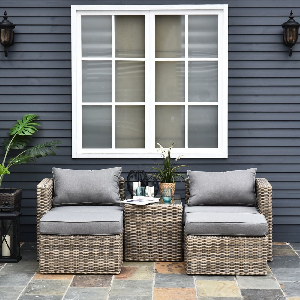 Outdoor Rattan Armchair Set - 5 Pcs PE Wicker Seating with Cushions & Table